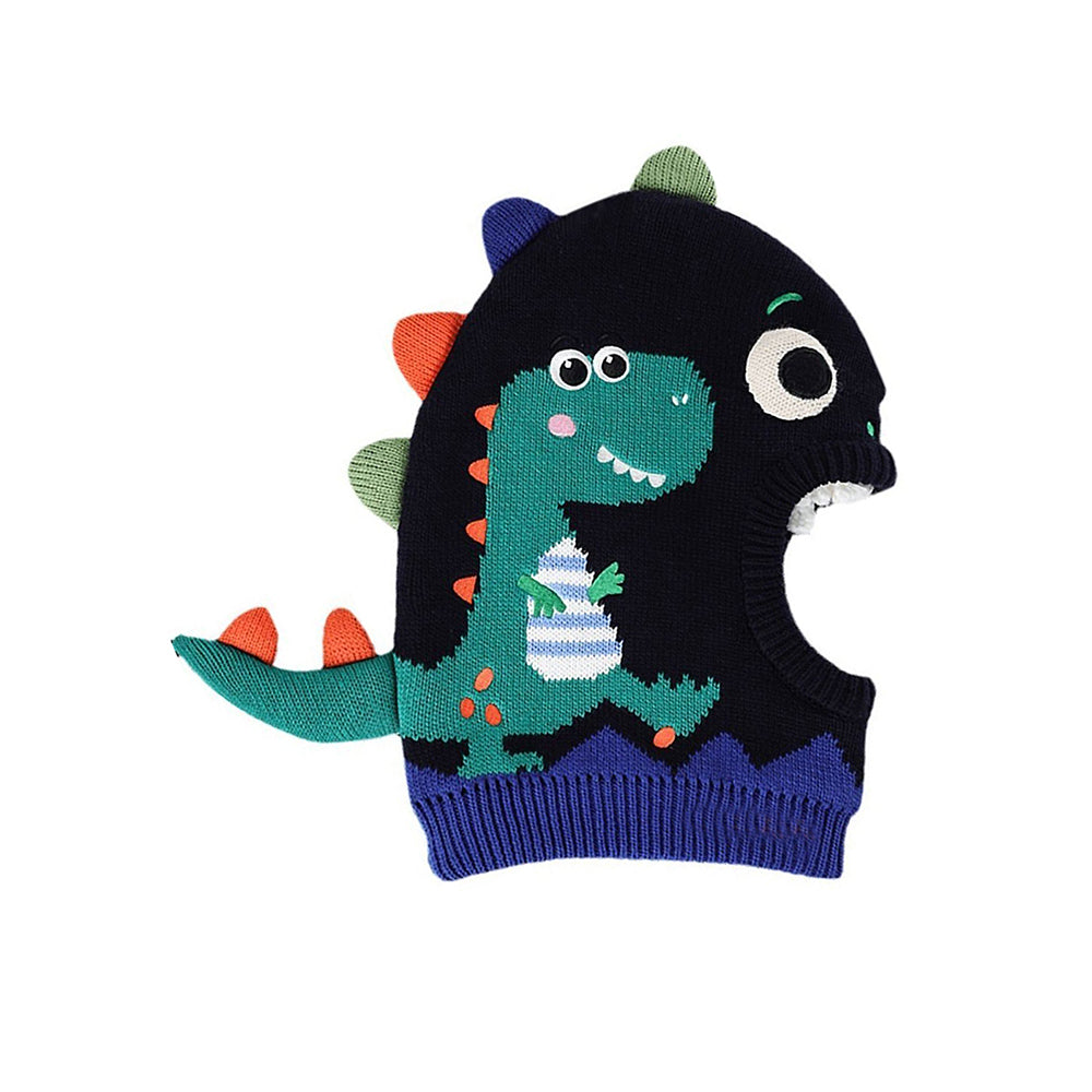 Little Surprise Box Knitted Blue Border Dino theme Winter Cap covering  Neck , Ears and Head for Minus degree Temperature