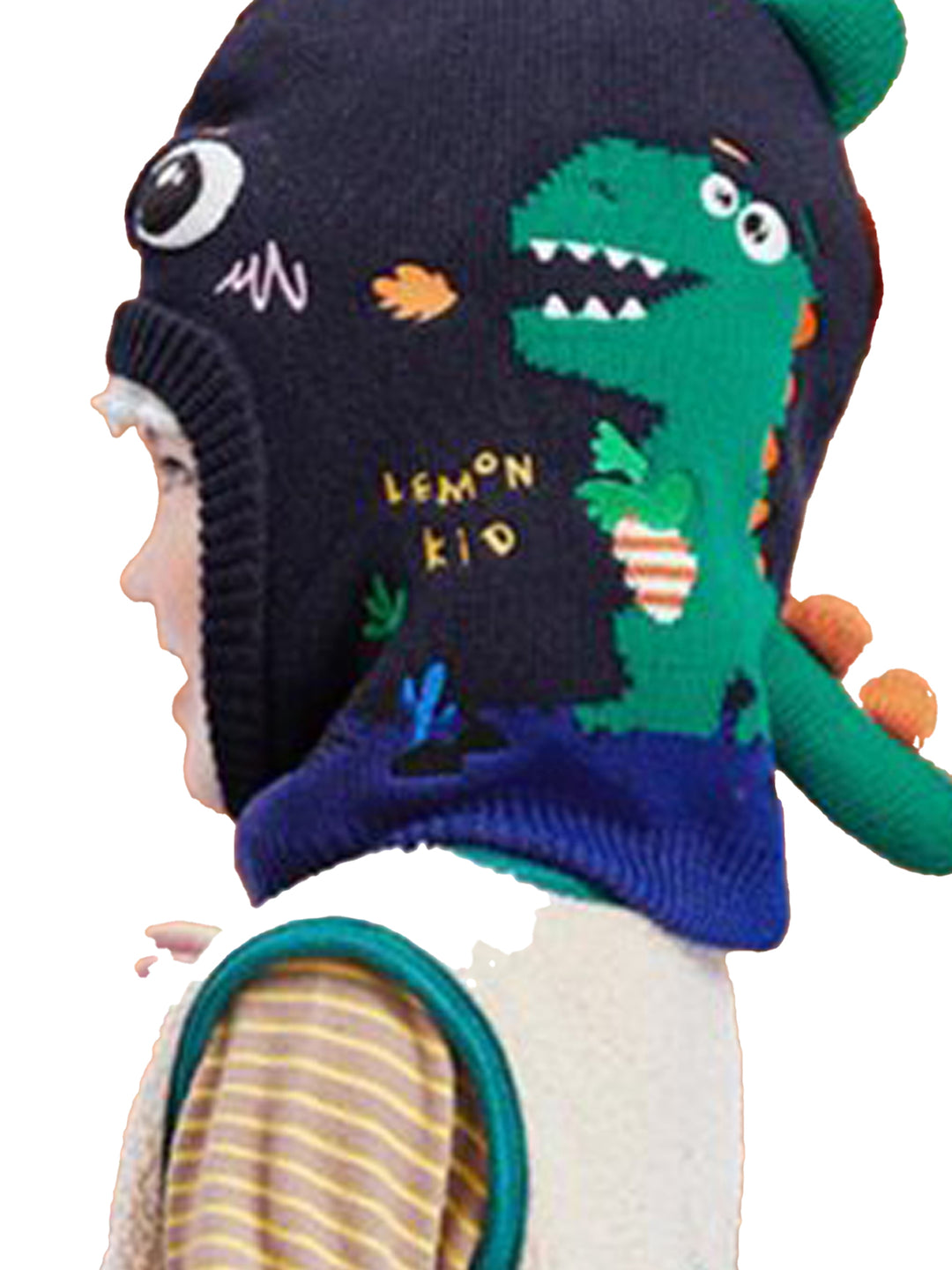 Little Surprise Box Knitted Blue Border Dino theme Winter Cap covering  Neck , Ears and Head for Minus degree Temperature