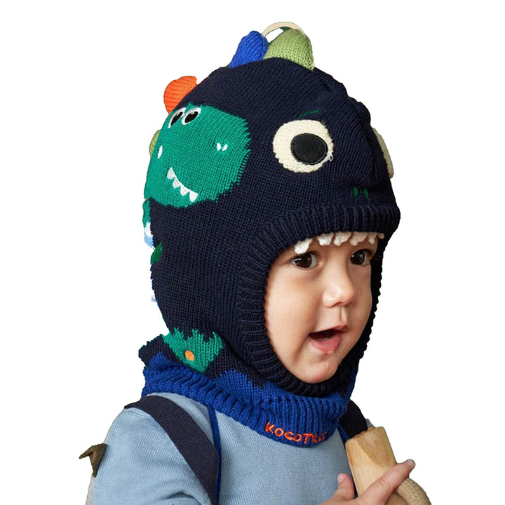 Little Surprise Box Knitted Blue Border Dino theme Winter Cap covering  Neck , Ears and Head for Minus degree Temperature