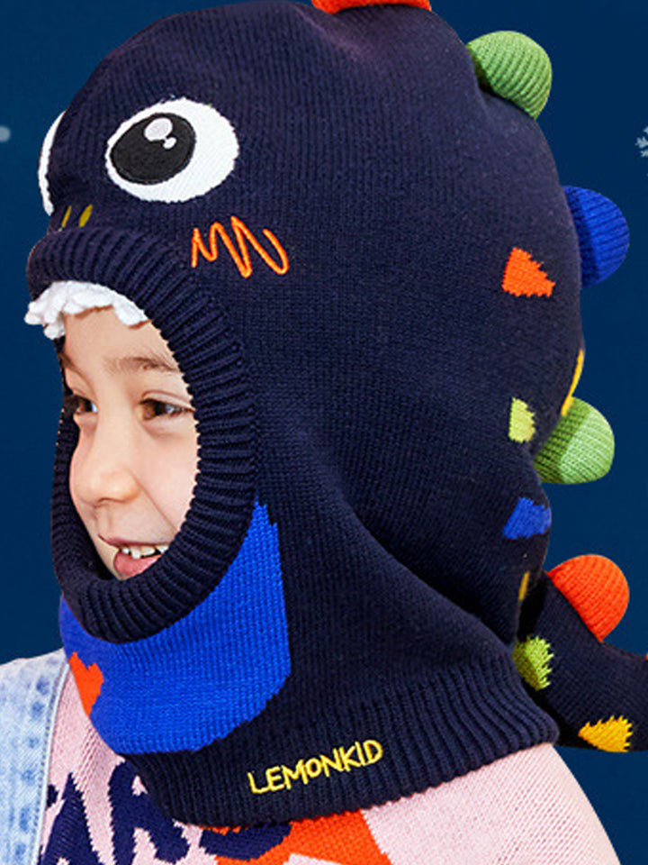 Little Surprise Box Knitted Dino Mini Heart themed Winter Cap covering  Neck , Ears and Head for Minus degree Temperature