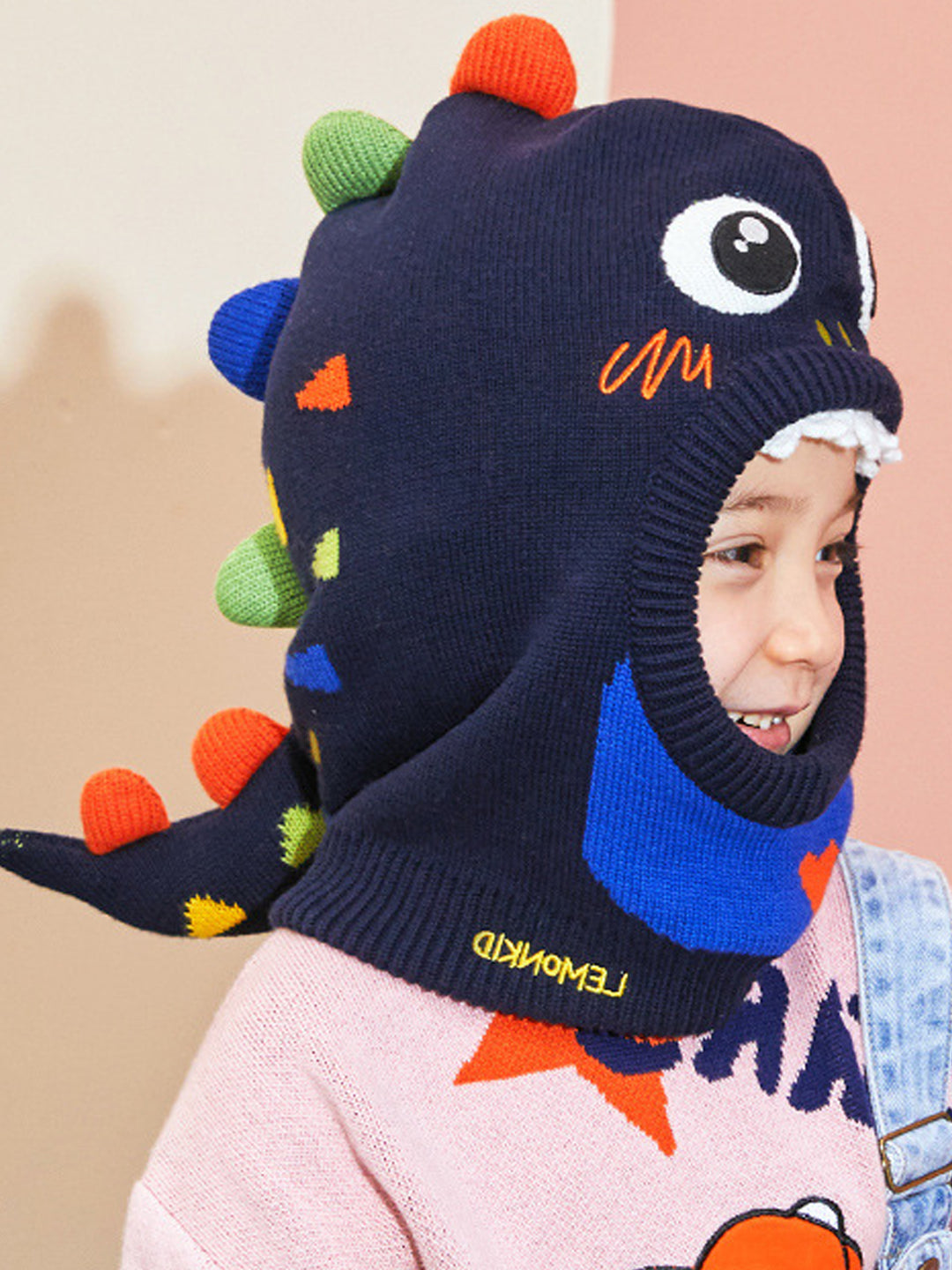 Little Surprise Box Knitted Dino Mini Heart themed Winter Cap covering  Neck , Ears and Head for Minus degree Temperature