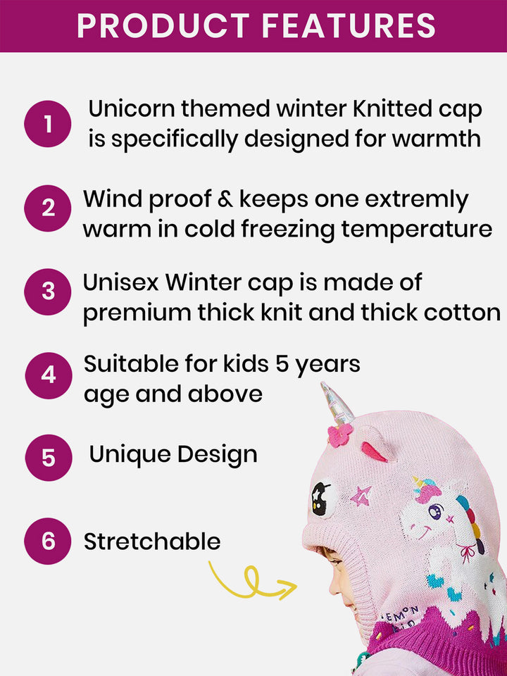 Little Surprise Box Knitted Pink Border Unicorn theme Winter Cap covering  Neck , Ears and Head for Minus degree Temperature