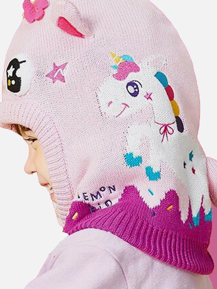 Little Surprise Box Knitted Pink Border Unicorn theme Winter Cap covering  Neck , Ears and Head for Minus degree Temperature