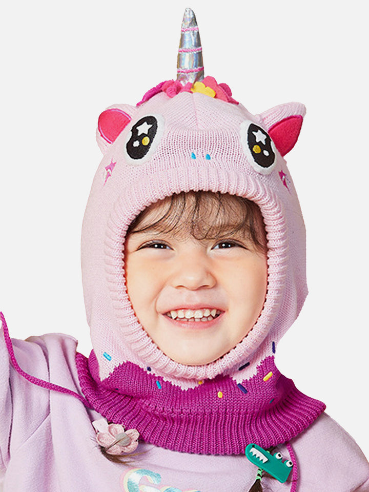 Little Surprise Box Knitted Pink Border Unicorn theme Winter Cap covering  Neck , Ears and Head for Minus degree Temperature