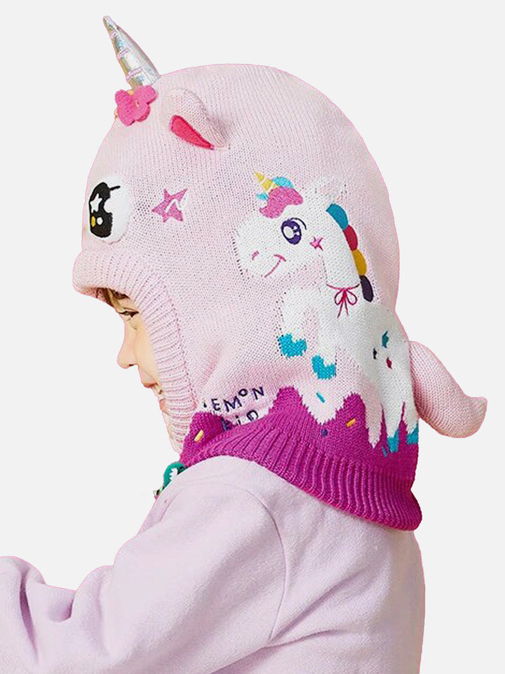 Little Surprise Box Knitted Pink Border Unicorn theme Winter Cap covering  Neck , Ears and Head for Minus degree Temperature