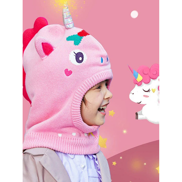 Little Surprise Box Knitted Pink Star Unicorn theme Winter Cap covering  Neck , Ears and Head for Minus degree Temperature