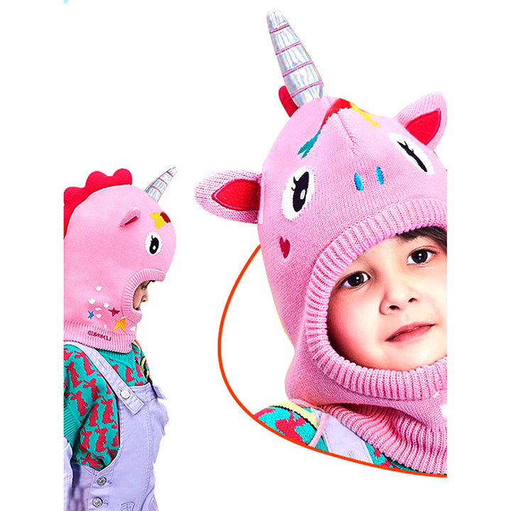 Little Surprise Box Knitted Pink Star Unicorn theme Winter Cap covering  Neck , Ears and Head for Minus degree Temperature