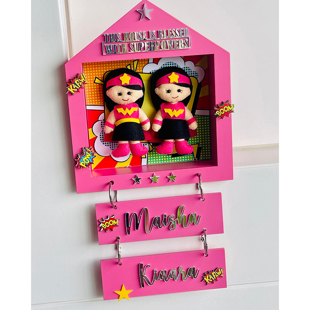 Little Surprise Box, Power Sisters Personalised Name Plate for Room Decor