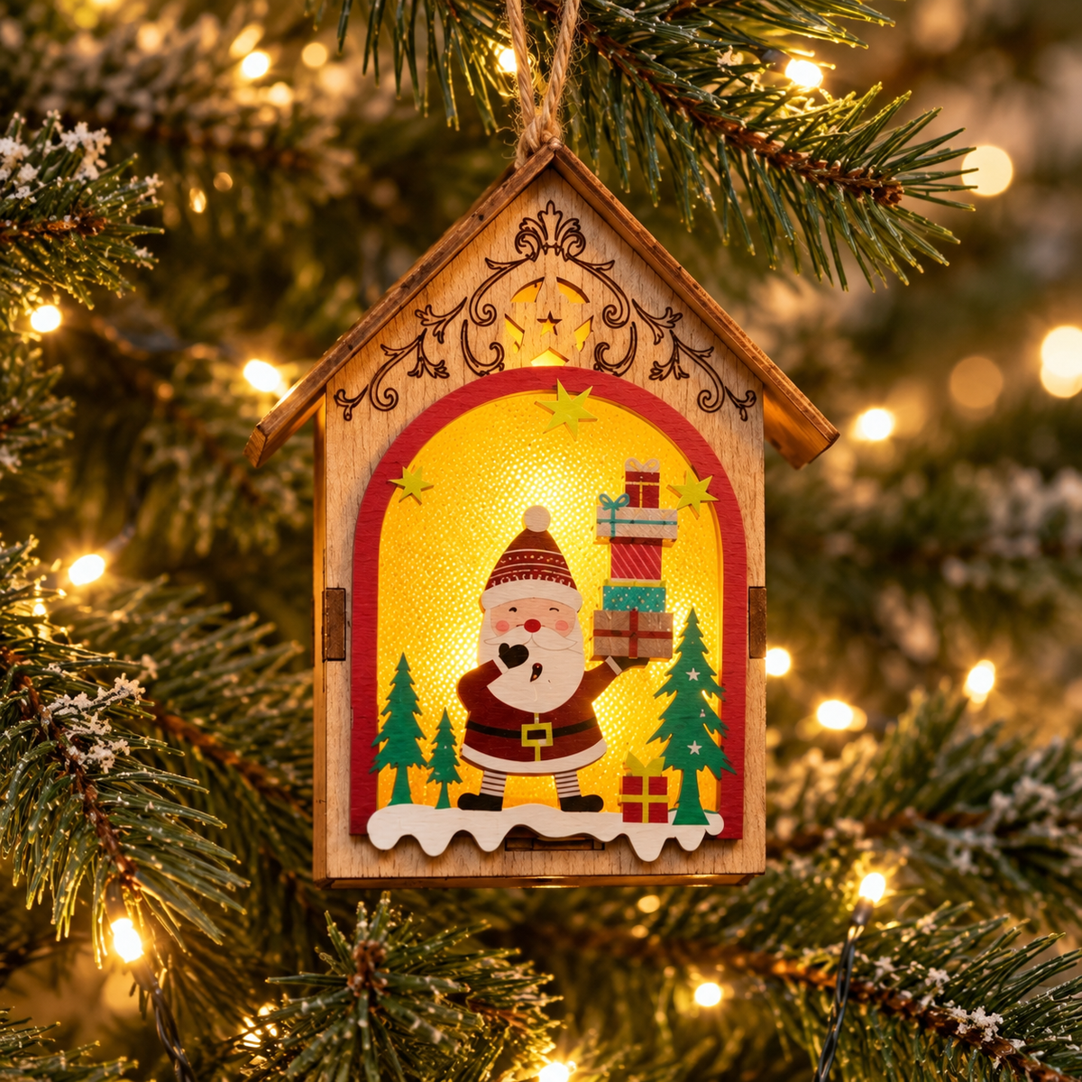 Light Up Santa Gift House Tree Decoration