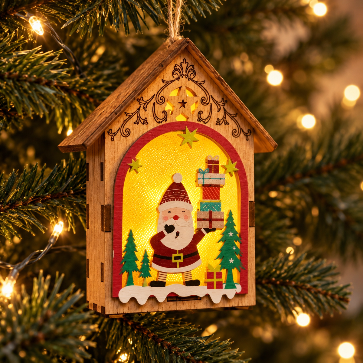 Light Up Santa Gift House Tree Decoration