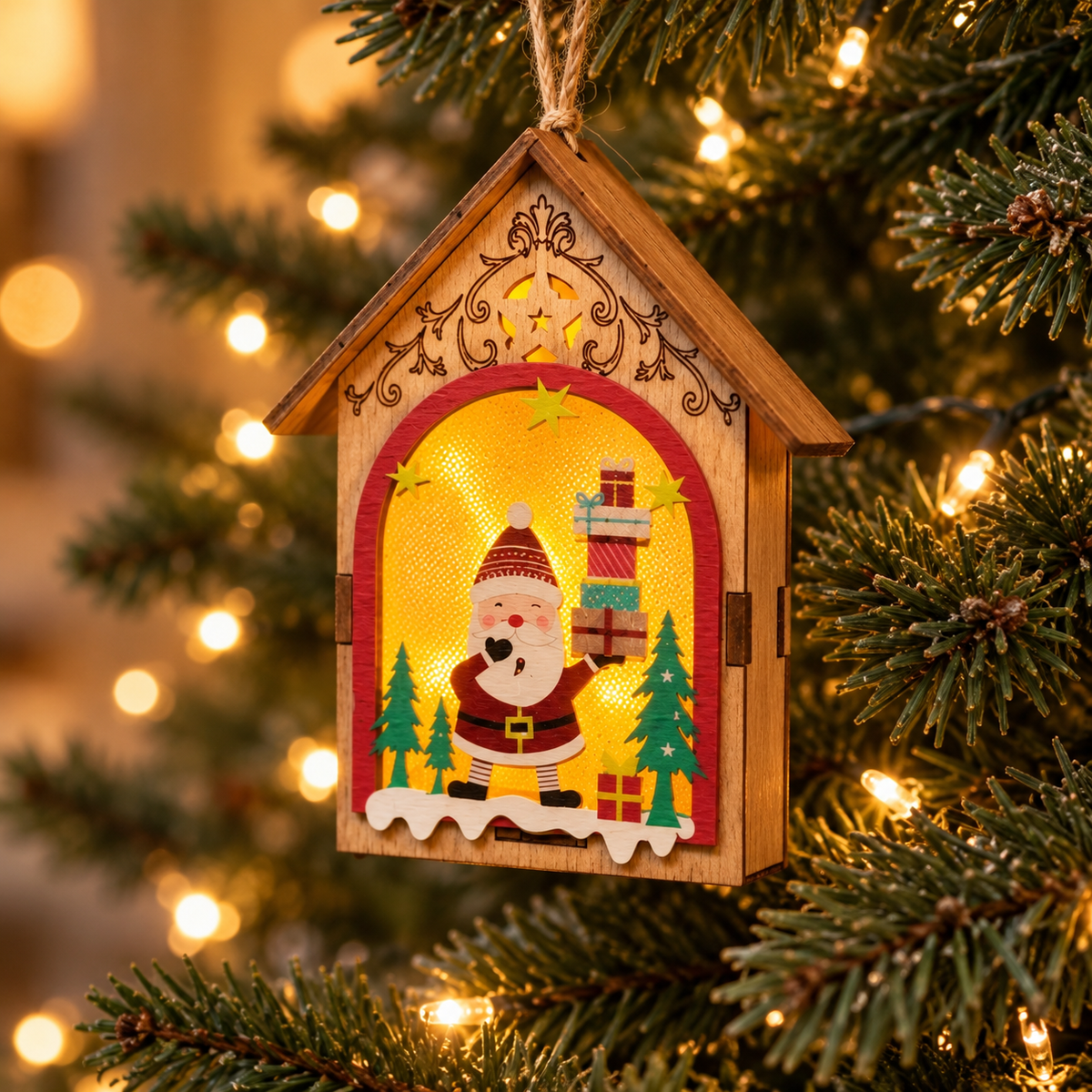 Light Up Santa Gift House Tree Decoration