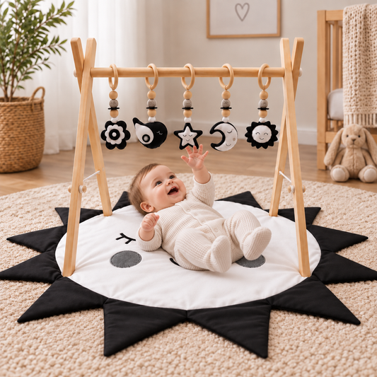 Little Dreamers – Black & White Wooden Baby Play Gym with play mat