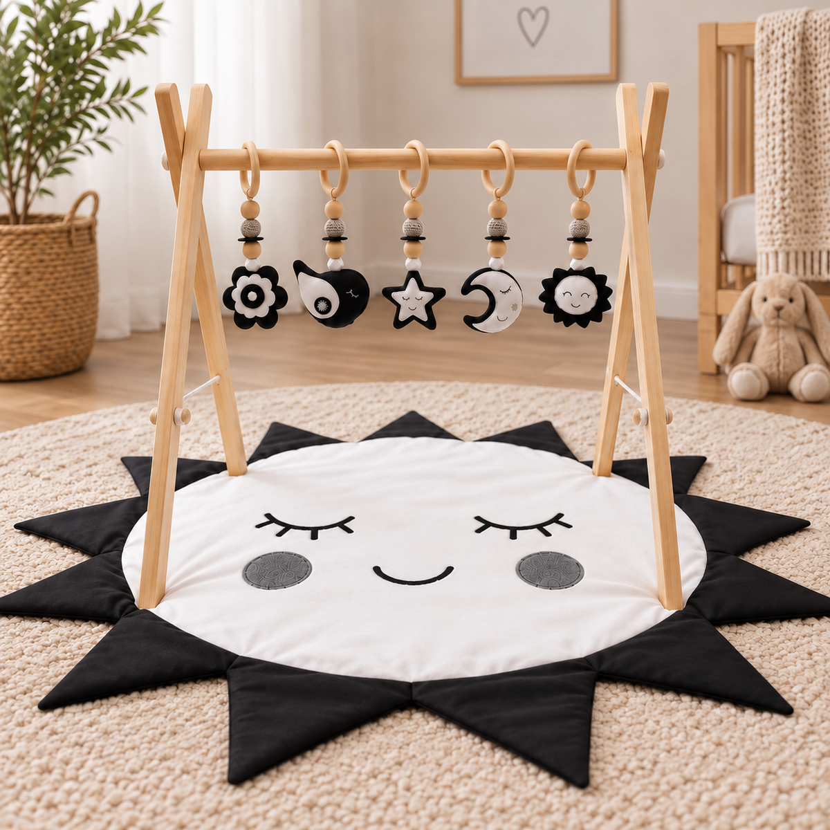 Little Dreamers – Black & White Wooden Baby Play Gym with play mat