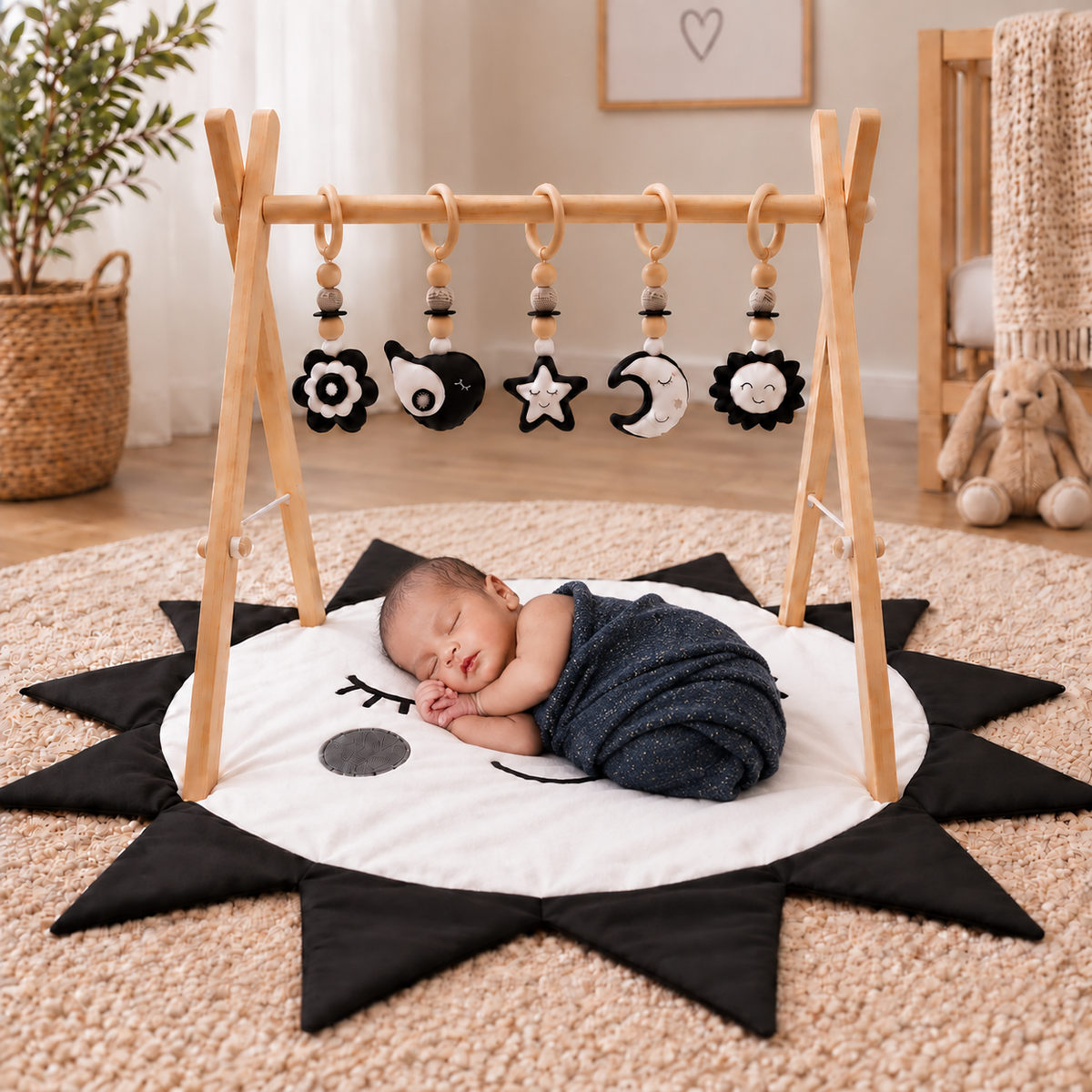 Little Dreamers – Black & White Wooden Baby Play Gym with play mat