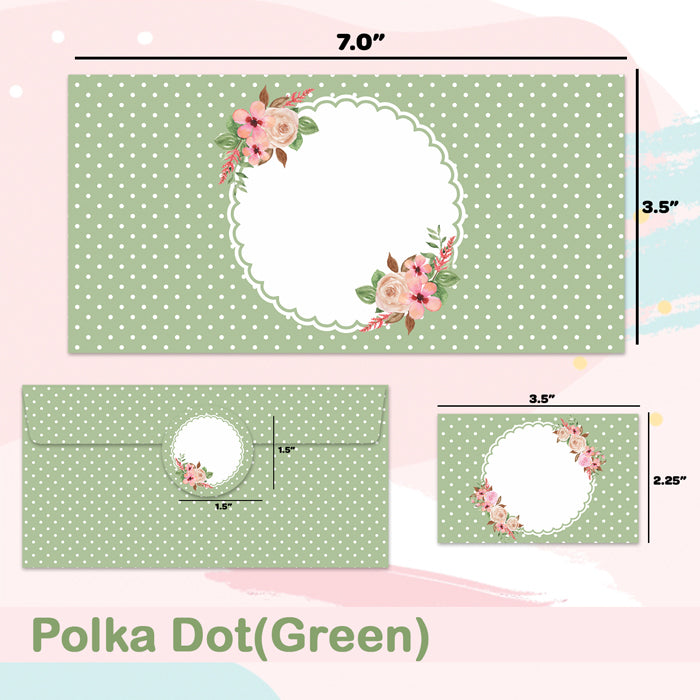 PERSONALISED GIFT ENVELOPES, CARDS & STICKERS COMBO - GREEN POLKA, SET OF 130