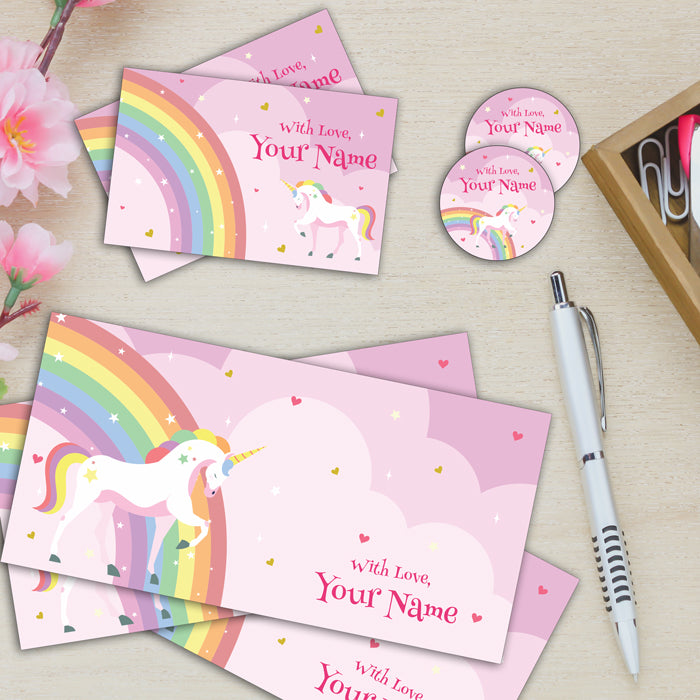 PERSONALISED GIFT ENVELOPES, CARDS & STICKERS COMBO - MAGICAL UNICORN, SET OF 130