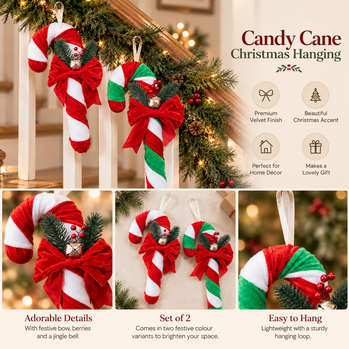 Merry Berry Velvet Candy Cane Ornaments – Set of 2