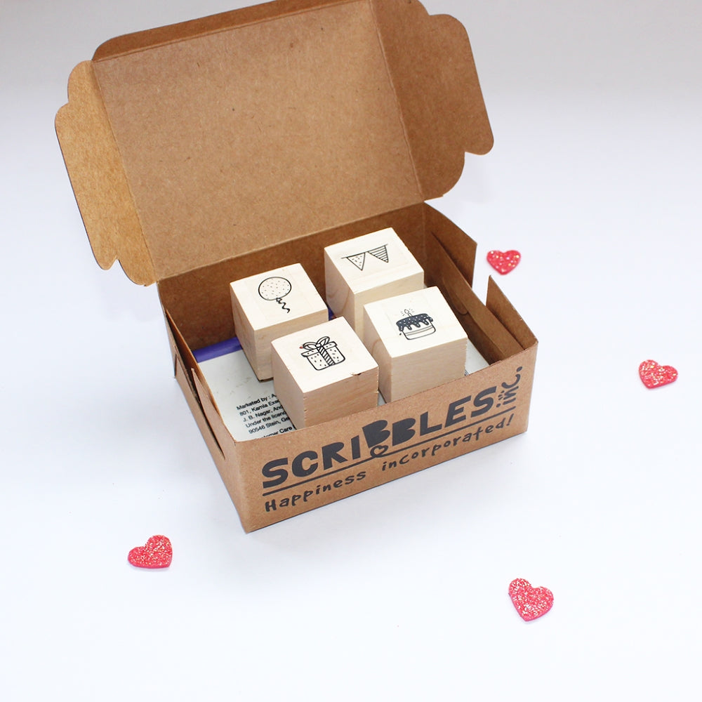 Mini Rubber stamps on a Wooden Mount - Set of 4 (Bunting, Balloon, Gift, Cake)