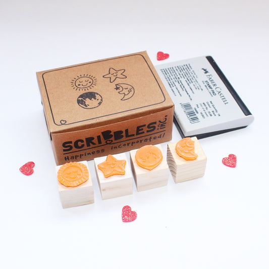 Mini Rubber stamps on a Wooden Mount - Set of 4 (Sun, Moon, Star, Earth)