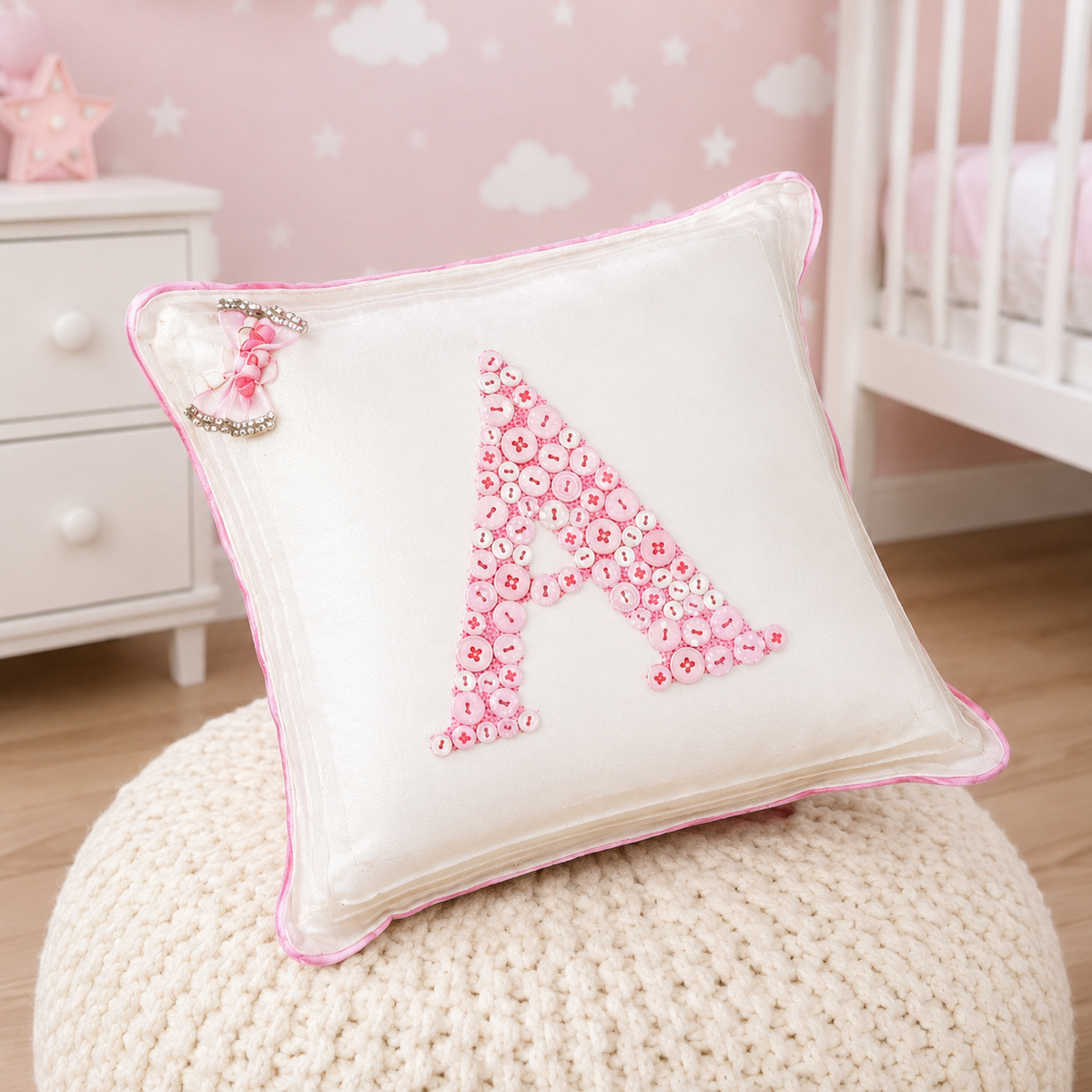 Monogrammed Button Cushion- Pink