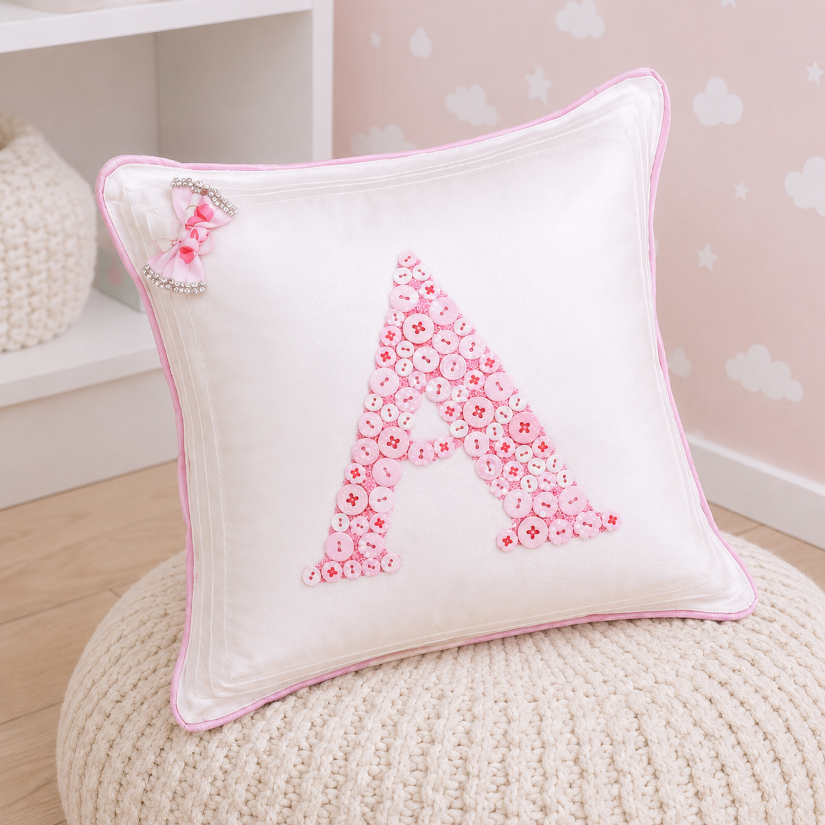 Monogrammed Button Cushion- Pink