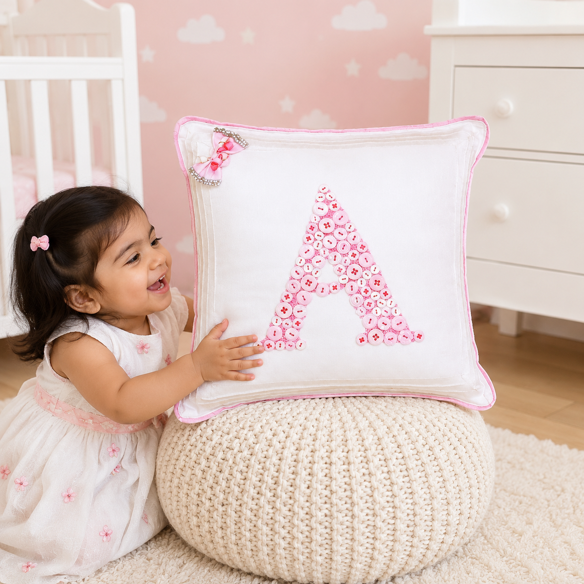 Monogrammed Button Cushion- Pink