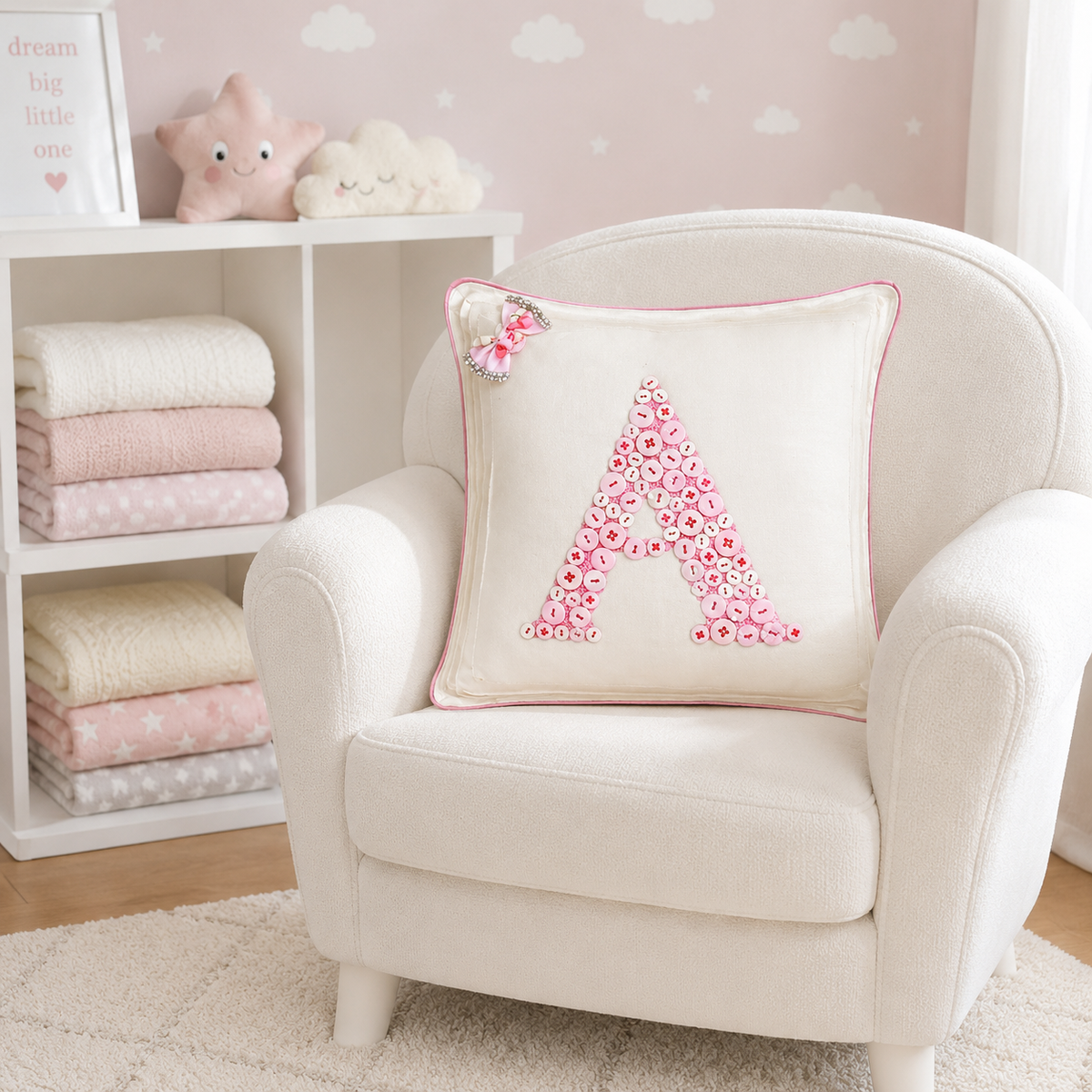 Monogrammed Button Cushion- Pink