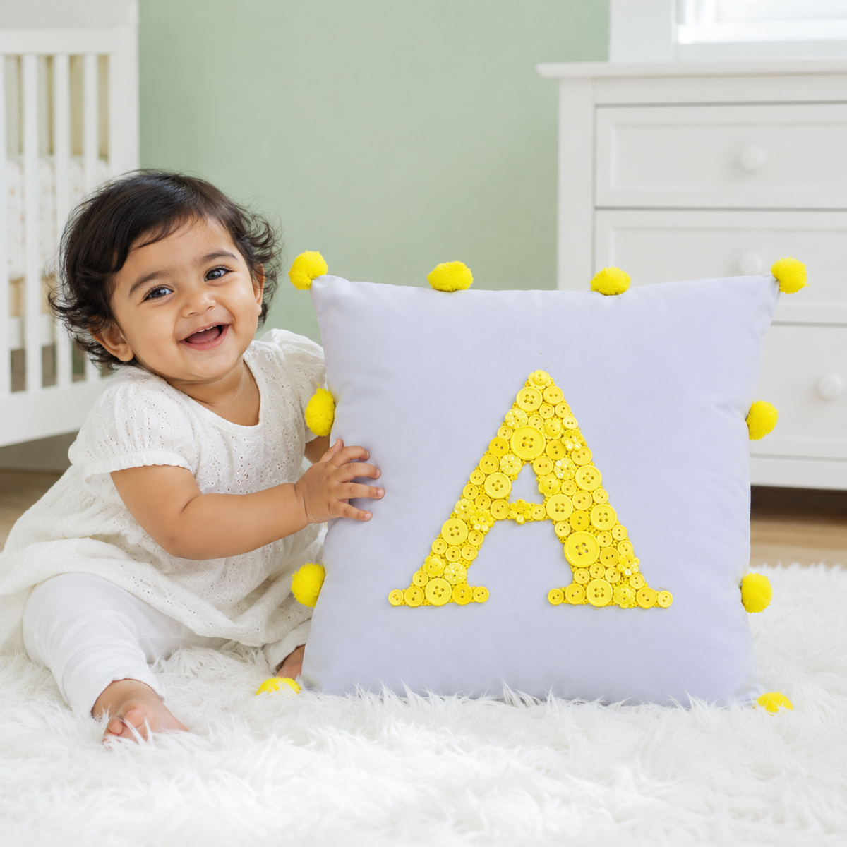 Monogrammed Button Cushion- Pom Pom