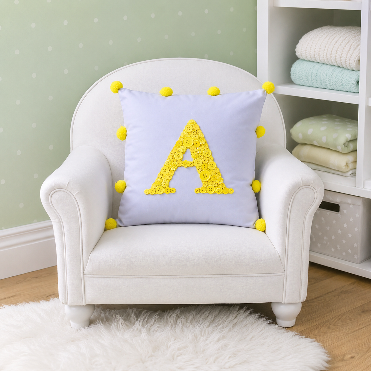 Monogrammed Button Cushion- Pom Pom
