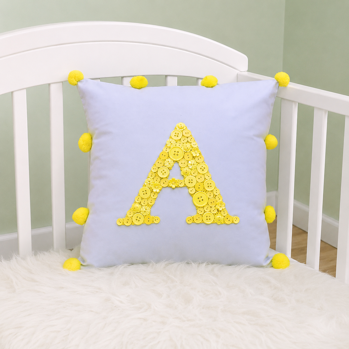 Monogrammed Button Cushion- Pom Pom