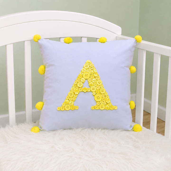 Monogrammed Button Cushion- Pom Pom