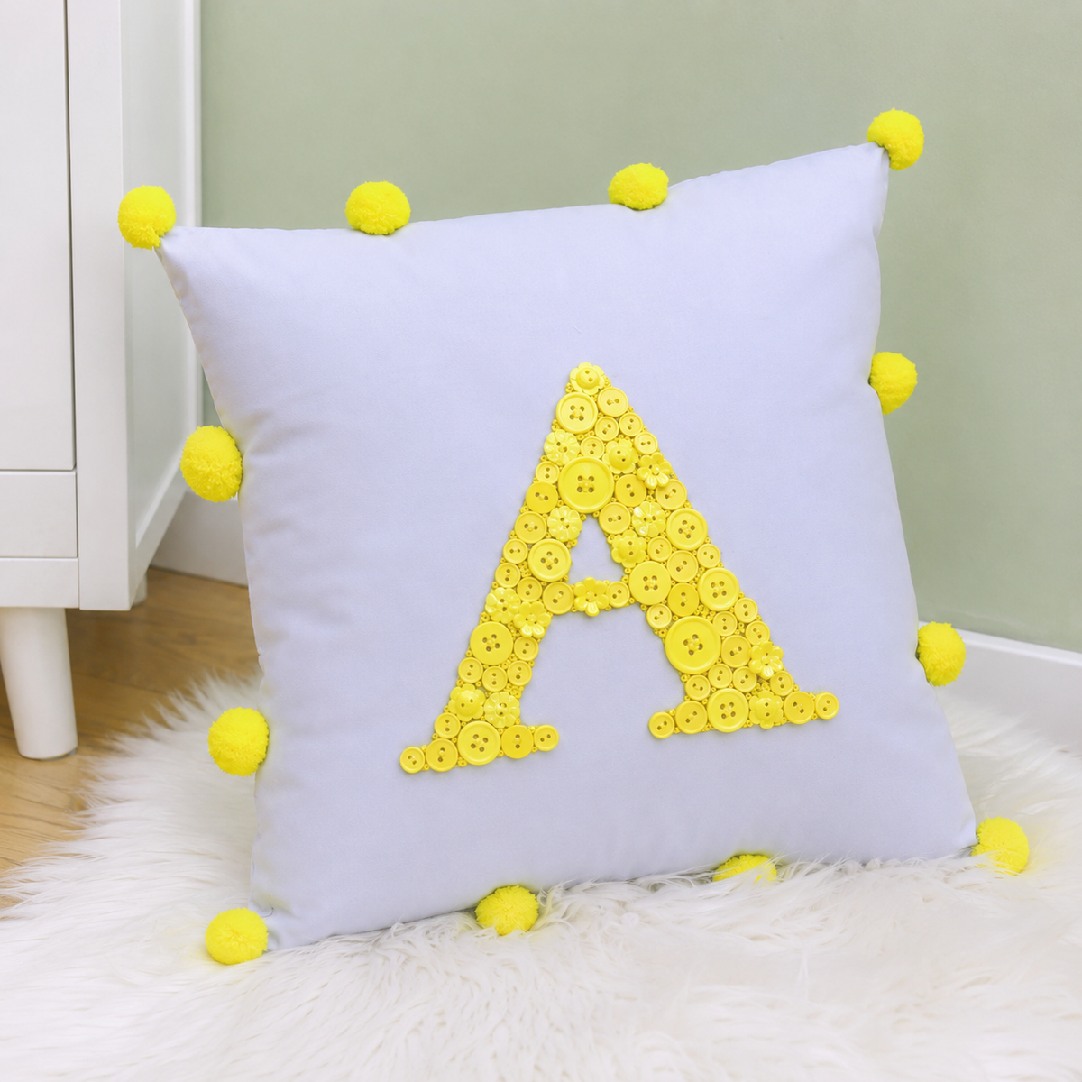 Monogrammed Button Cushion- Pom Pom