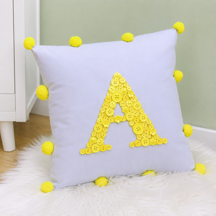 Monogrammed Button Cushion- Pom Pom