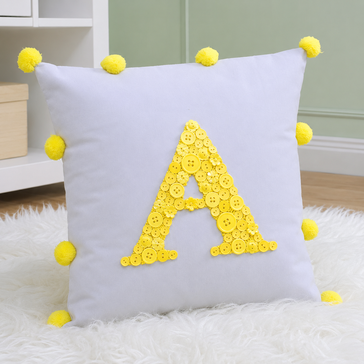 Monogrammed Button Cushion- Pom Pom