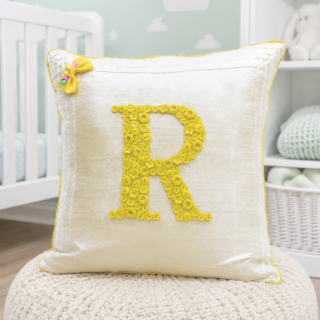 Monogrammed Button Cushion- Yellow