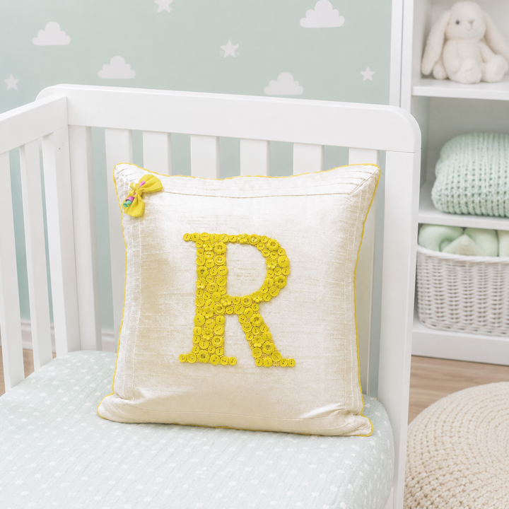 Monogrammed Button Cushion- Yellow