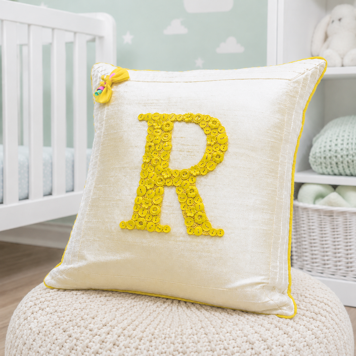 Monogrammed Button Cushion- Yellow