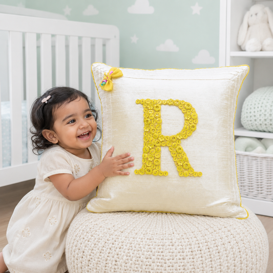 Monogrammed Button Cushion- Yellow