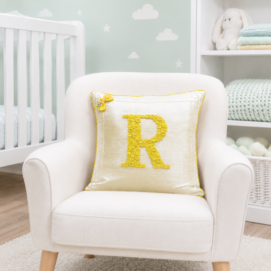 Monogrammed Button Cushion- Yellow
