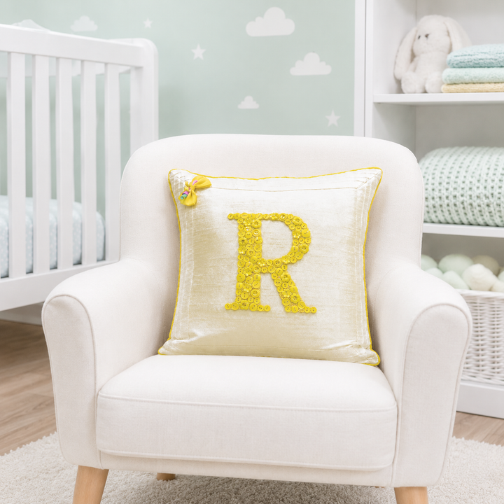 Monogrammed Button Cushion- Yellow