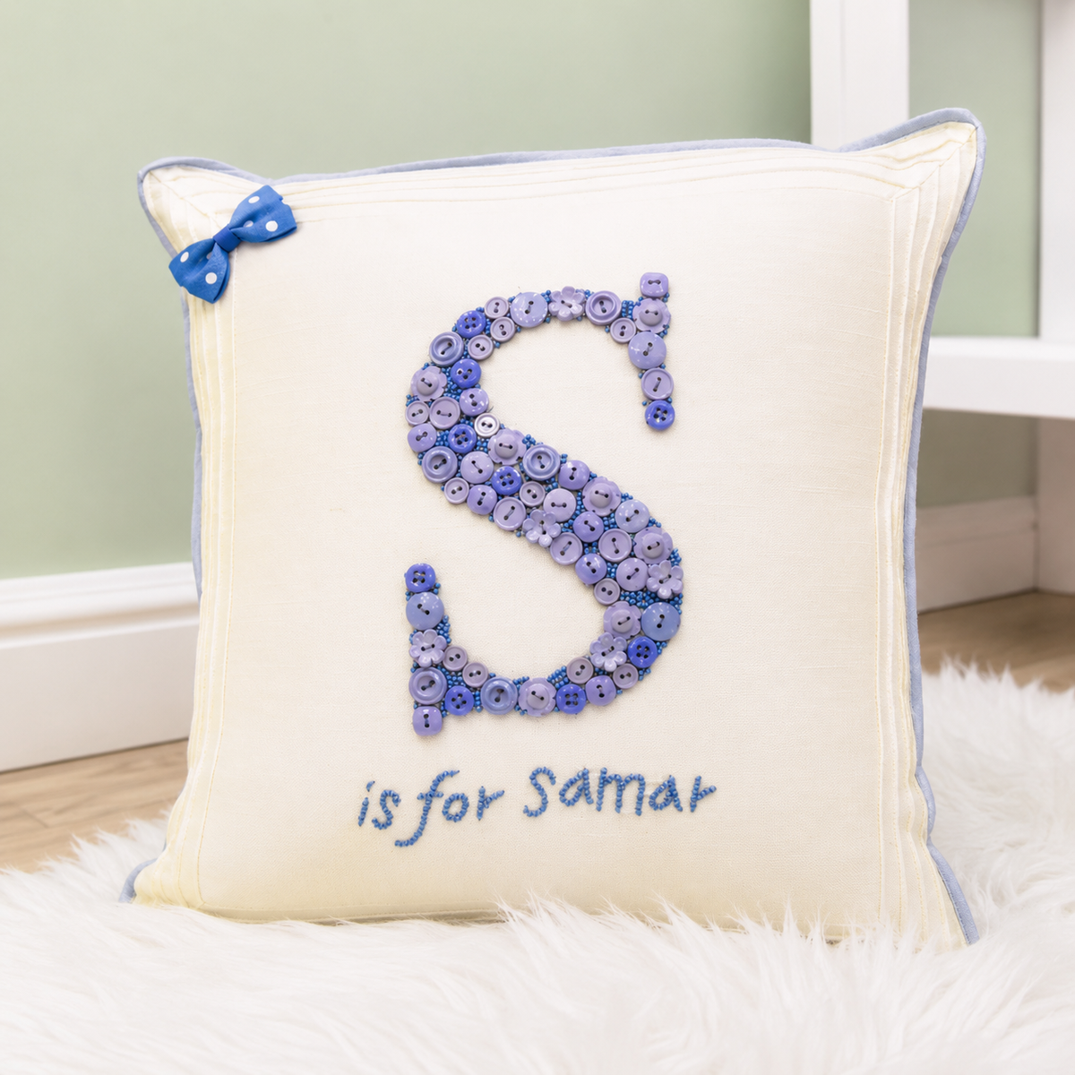 Monogrammed Button Cushion - Blue