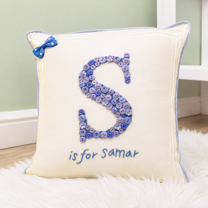 Monogrammed Button Cushion - Blue