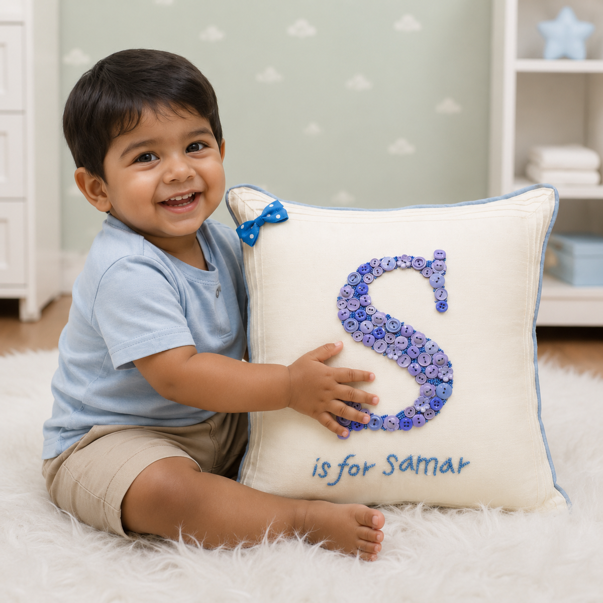 Monogrammed Button Cushion - Blue