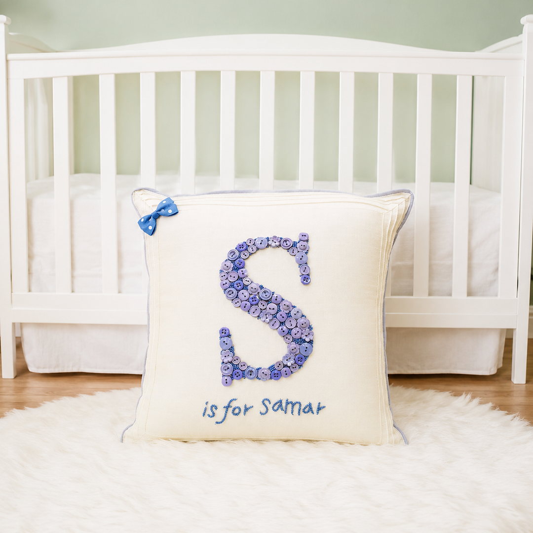 Monogrammed Button Cushion - Blue