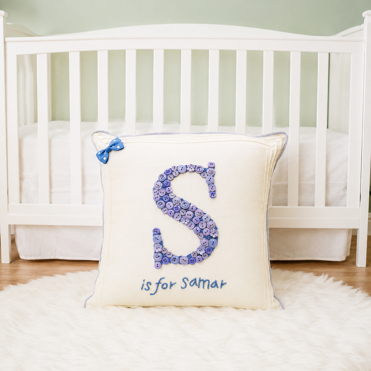 Monogrammed Button Cushion - Blue