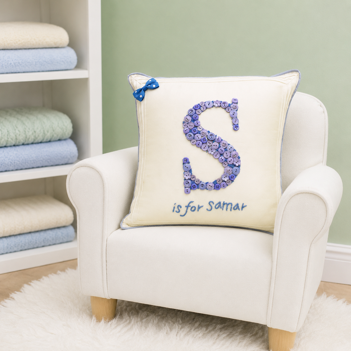 Monogrammed Button Cushion - Blue