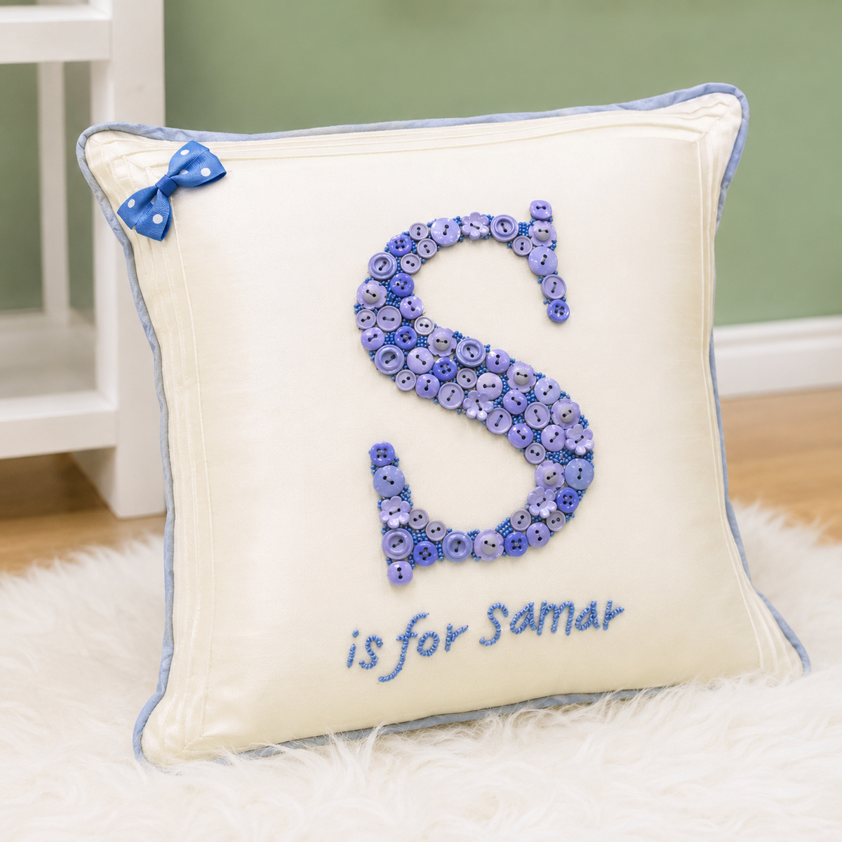 Monogrammed Button Cushion - Blue