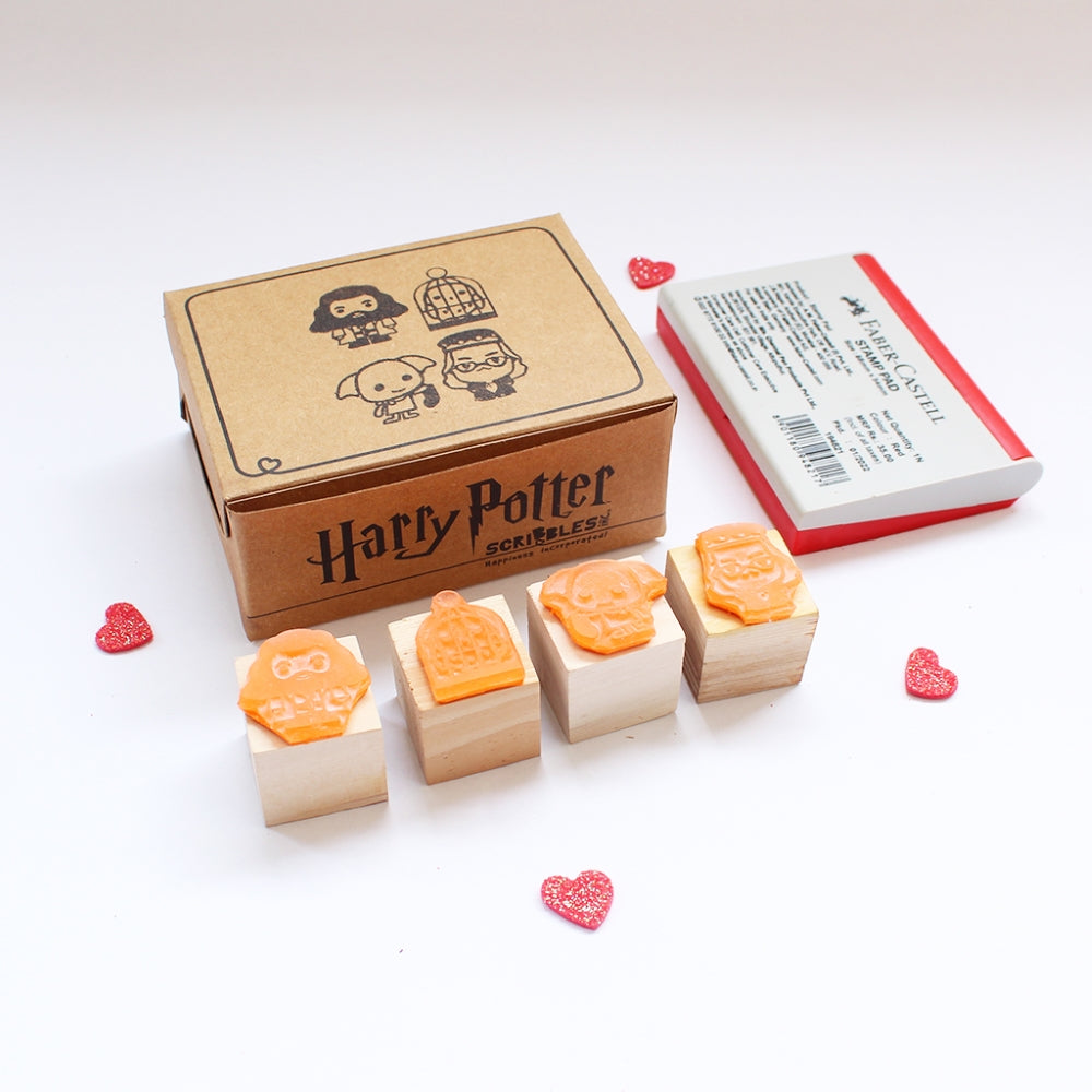 Official Harry Potter Mini Rubber Stamps on a Wooden Mount - Set of 4 (Hedwig, Dobby, Dumbledore, Hagrid)