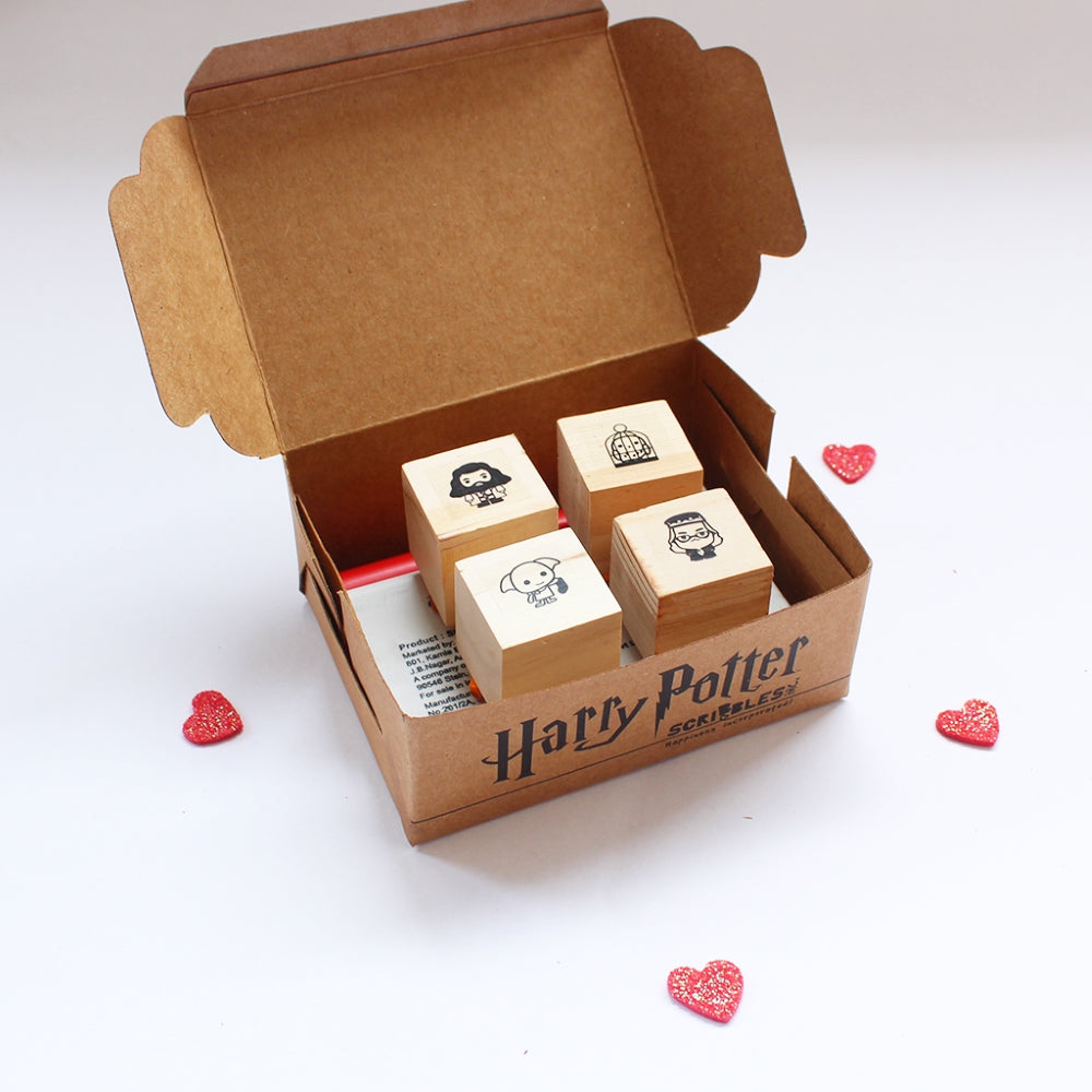 Official Harry Potter Mini Rubber Stamps on a Wooden Mount - Set of 4 (Hedwig, Dobby, Dumbledore, Hagrid)
