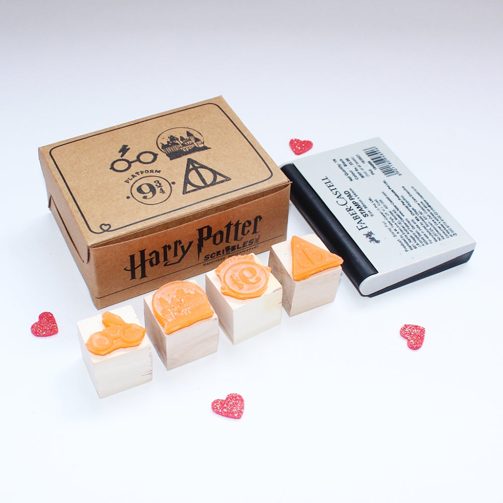 Official Harry Potter Mini Rubber Stamps on a Wooden Mount - Set of 4 (Hogwarts, DeathlyH, HPSymb, Plat 9 3/4)